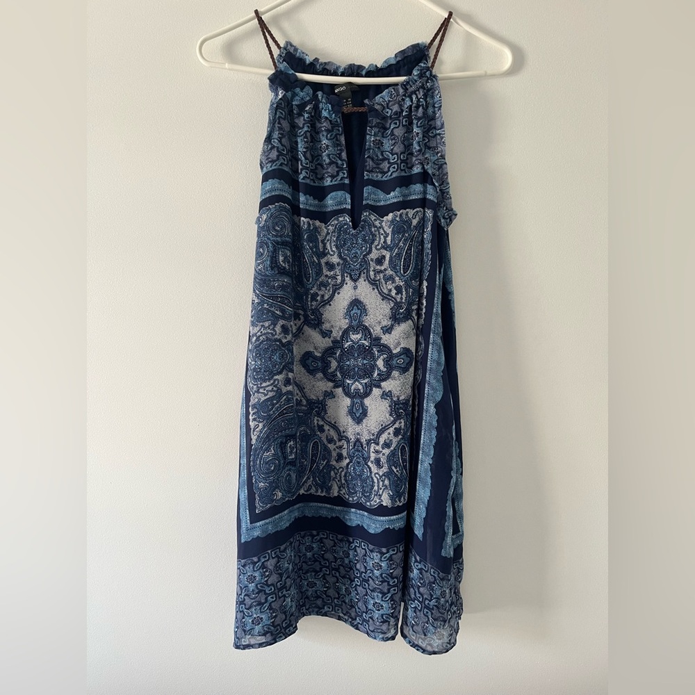 NWT MNG by Mango Blue Paisley Print Pocket Keyhole Braid Strap Halter Dress XS
